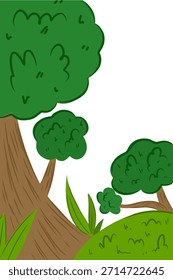 Hand drawn vector illustration of tree in the forest with copy space. Cartoon trees and grass nature scene, vertical.