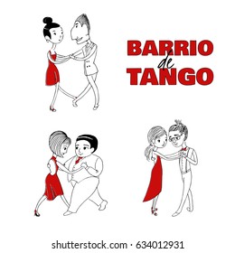 Hand drawn vector illustration of tree dancing couples with Spanish text Barrio de tango, meaning Tango district. Design concept for poster, postcard, milonga, tango festival or school promo materials