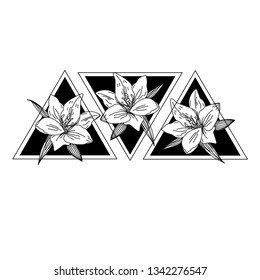 Hand drawn vector illustration triangles with flowers lily and leaves perfect for invitations or tattoo.