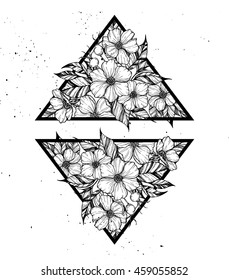 Hand drawn vector illustration - triangles with flowers and leaves. Perfect for invitations, greeting cards, quotes, tattoo, textiles, blogs, posters etc.