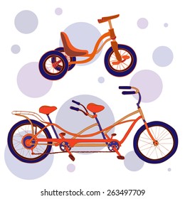 Hand Drawn Vector Illustration Of Tricycle And Tandem Bike. Set Of Two Colorful  Funny Bikes.