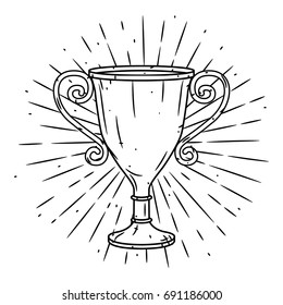 Hand drawn vector illustration with a Trophy cup and divergent rays. Used for poster, banner, web, t-shirt print, bag print, badges, flyer, logo design and more.