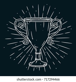 Hand drawn vector illustration with a Trophy cup and divergent rays on blackboard. Used for poster, banner, web, t-shirt print, bag print, badges, flyer, logo design and more.