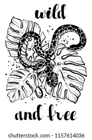 Hand drawn vector illustration with tropical snake over the palm leaves. Beautifully detailed artwork. Consept art. Tattoo element, dark romance, boho style. Perfect design for prints, t-sirts.