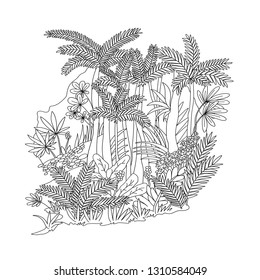 Hand drawn vector illustration of tropical rain forest. Cute doodle of palms and other tropical plants for design, cards or prints.