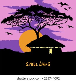 Hand drawn vector illustration with a Tropicale Tree, the African Hut, the Flying Birds, Decline.