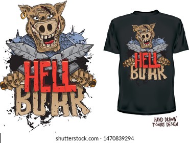 Hand drawn vector illustration for t-shirt. Hell boar.