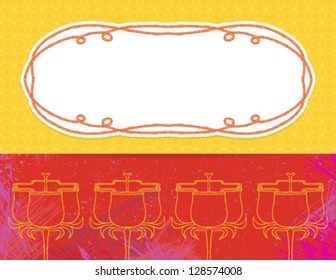 hand drawn vector illustration of tulips over red splashes background with frame rope over yellow floral pattern Concept of love, spring, happiness, for promotional card, invitation, advertising flyer