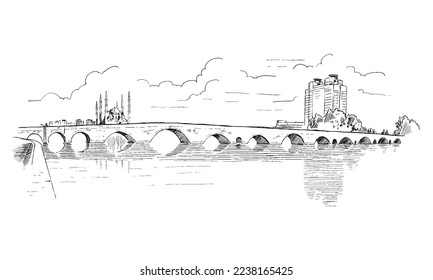 Hand drawn vector illustration of Turkey Adana historical Stone Bridge. isolated vector illustration.