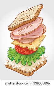 Hand drawn vector illustration of a Turkey Sandwich with ingredients jumping in the air. Turkey, cheese, tomato, lettuce and mayonnaise.