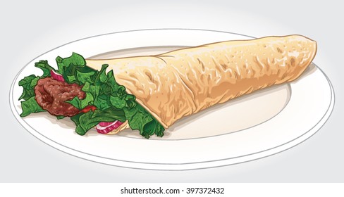 Hand drawn vector illustration of a Turkish Kebab Wrap with minced beef or lamb meat, lettuce, onions and tomato.