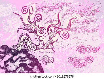 Hand drawn vector illustration. Twisted crooked tree on a rock on a grunge background.