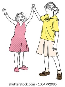 Hand drawn vector illustration of a two a successful, Successful couple of young raising arms on white background.
