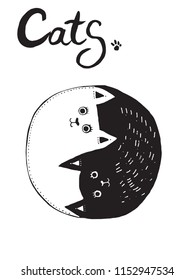 Hand drawn vector illustration of two cats as a symbol of yin yang.  Cartoon style characters.
