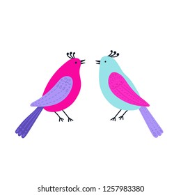 Hand drawn vector illustration of two colorful tropical birds