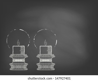 Hand drawn vector illustration of two highly ornamental candlestick on chalkboard. Template for restaurant opening, Christmas holiday or valentine card, wedding invitation, postcard, cafe advertising.