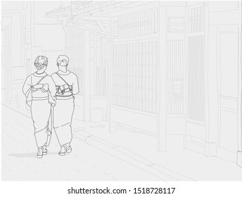 Hand drawn vector illustration. Two geisha explore machiya homes in the historic Gion district of Kyoto, Japan. Black and white.