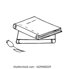 Hand drawn vector illustration. Two books and a Tulip, in the style of Doodle and sketches. Black lines on white, cute drawing.
