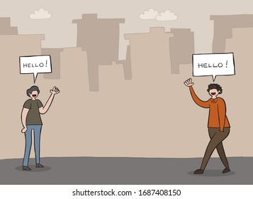 Hand drawn vector illustration of two friends greet remotely for corona virus.