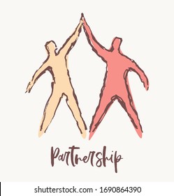 Hand drawn vector illustration of a two a successful climbers on a mountain, sketch. Teamwork, partnership concept