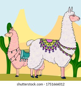 Hand drawn vector illustration of a two cute funny llama. white and pink with green cacti isolated on white background