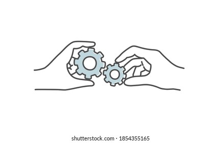 Hand drawn vector illustration of two hands holding cogwheel.