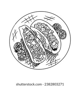 Hand drawn vector illustration of two tacos on a plate.