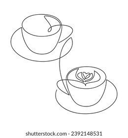 Hand drawn vector illustration. Two coffee cups. Latte art line continuous drawing. Hot drink linear icon. Minimal outline print, banner, card, brochure, logo, menu, sign, symbol.