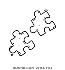 Hand drawn vector illustration of two puzzle pieces. Black and white line art style, ideal for design projects, educational content, and creative concepts.