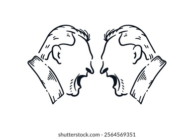 Hand drawn vector illustration of Two angry men yelling at each other, face to face confrontation