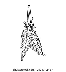 Ilustração vetorial desenhada à mão de duas penas decorativas com contas, em preto e branco. Adequado para estampas têxteis, acessórios boho, projetos artesanais, artesanato, bordados e padrões de tecido.