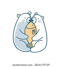 Hand drawn vector illustration of two polar bears embracing a large yellow fish isolated on a white background