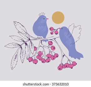 hand drawn vector illustration of two birds on a rowan-tree/can be used for shirt design/fashion print design
