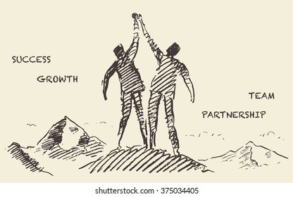 Hand drawn vector illustration two successful climbers mountain  sketch  Teamwork  partnership concept