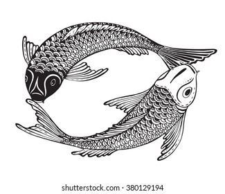 Dibujo manual vectorial de dos peces Koi (carpa japonesa). Símbolo de amor, amistad y prosperidad. Imagen en blanco y negro. Se puede utilizar para tatuajes, impresos, pantalones en t, colorear libros.