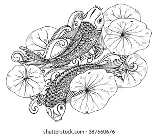 Dibujo manual vectorial de dos peces Koi (carpa japonesa) con hojas de loto. Símbolo de amor, amistad y prosperidad. Imagen en blanco y negro. 