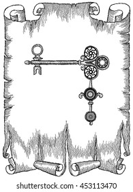 Hand drawn vector illustration. Two vintage keys connected by a string on a ancient cartouche. Isolated on white background.