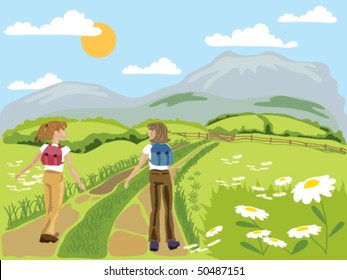 hand drawn vector illustration of two young women chatting while enjoying hiking through green fields towards distant mountains