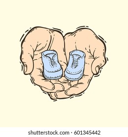 Hand drawn vector illustration of the two hands holding a small booties. Baby shower party. Two boys