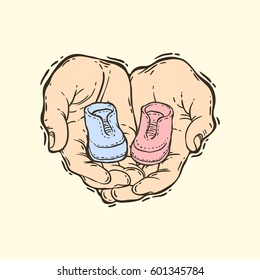 Hand drawn vector illustration of the two hands holding a small booties. Baby shower party. Twins boy and girl