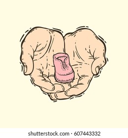 Hand drawn vector illustration of the two hands holding a small booties. Baby shower party