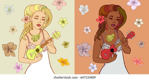 Hand drawn vector illustration with two girls playing ukulele. May use for posters and classes announcement. Decorated with Hawaiian flowers on background.