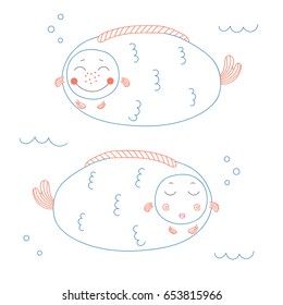 Hand drawn vector illustration of two roundish funny fat fish with cute faces swimming in the sea. Unfilled outline on white background. Design concept for children.