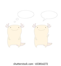 Hand drawn vector illustration of two cute funny axolotls standing, one waving, in soft colours, with empty speech balloons. Isolated objects on white background. Design concept for children. 