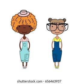 Hand drawn vector illustration of two cute little trendy girls with different hairstyles, skin colors, dressed in denim overalls. Isolated objects on white background. Design concept for girls.