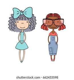 Hand drawn vector illustration of two cute little trendy girls with different hairstyles, skin colors, dressed in a dress and denim overalls. Isolated on white background. Design concept for girls.