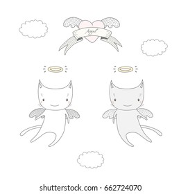 Hand drawn vector illustration of two cute angel cats with halo, flying in the sky, with winged heart and text Angel on a ribbon. Isolated objects on white background. Design concept for children.