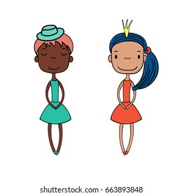 Hand drawn vector illustration of two cute little trendy girls with different hairstyles, skin colors, dressed in lovely dresses. Isolated objects on white background. Design concept for girls.