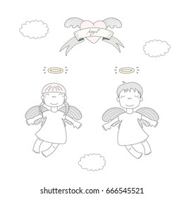 Hand drawn vector illustration of two cute little angel girls with different hair, flying, winged heart and text Angel on a ribbon. Isolated objects on white background. Design concept for children.