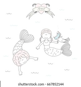 Hand drawn vector illustration of two cute little mermaid girls and a cat in swim fins and scuba mask, under water, heart and text. Isolated objects on white background. Design concept for kids.